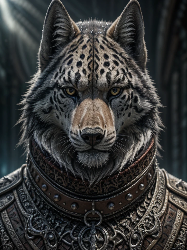 a huge three-headed wolf, snow leopard-like fur, massive collar with runes, hellhound, extremely detailed, (best quality,4k,8k,highres,masterpiece:1.2),ultra-detailed,(realistic,photorealistic,photo-realistic:1.37),HDR,UHD,studio lighting,ultra-fine painting,sharp focus,physically-based rendering,extreme detail description,professional,vivid colors,bokeh,fantasy,dark,moody,dramatic lighting