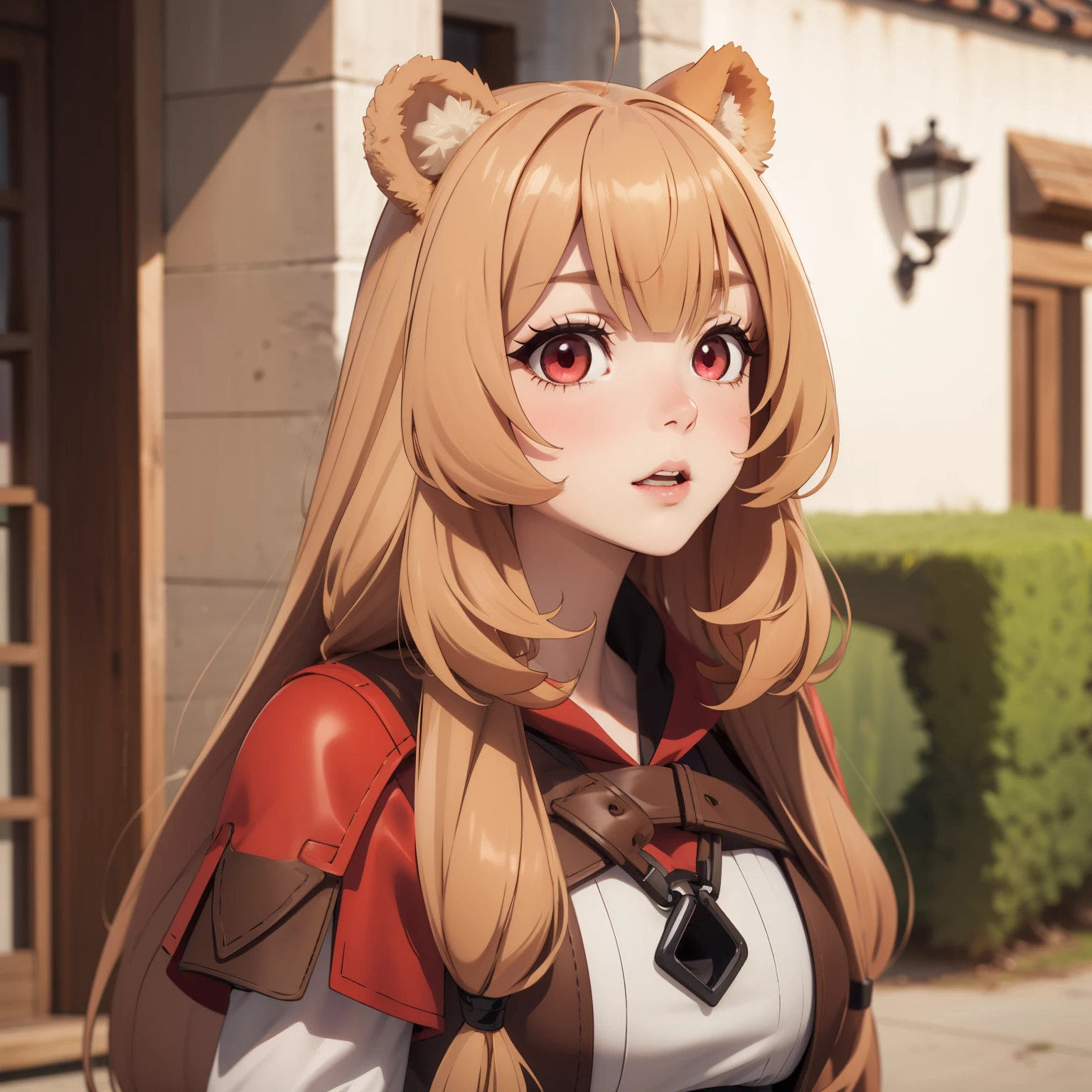 Raphtalia, woman 2 blonde hair , bear ears, Red eyes como rubíes. Red eyes, 