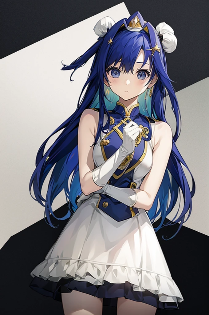 Anime girl on parade, marching band costume, indigo hair, upper body shoot, 