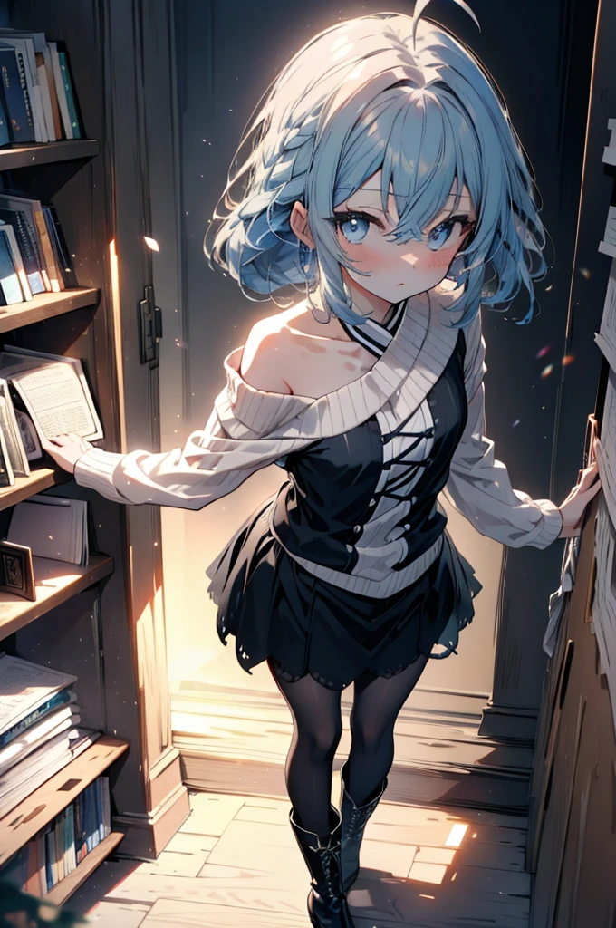 Roxymigurdia, Roxy, Ahoge, Black Ribbon, blue eyes, Blue Hair, Braiding, Hair between the eyes, Hair Ribbon, Long Hair, twin Braidings, very Long Hair, Blue one-shoulder sweater,mini skirt,black tights,short boots,Book with both arms　Holding a spell book,Grimoire,Are standing,Bookshelf,There is a spellbook on the table,whole bodyがイラストに入る,
break looking at viewer,whole body,
break indoors,figure書館,
break (masterpiece:1.2), Highest quality, High resolution, unity 8k wallpaper, (figure:0.8), (Beautiful attention to detail:1.6), Highly detailed face, Perfect lighting, Highly detailed CG, (Perfect hands, Perfect Anatomy),