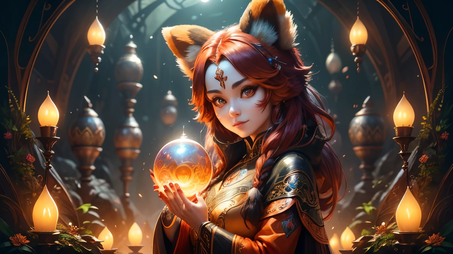 An anthropomorphic female sorceress red panda, with symmetrical face and intricate details, on a vibrant panoramic background, illuminated by soft magical lights, 2D digital style by Wlop and Artgerm.