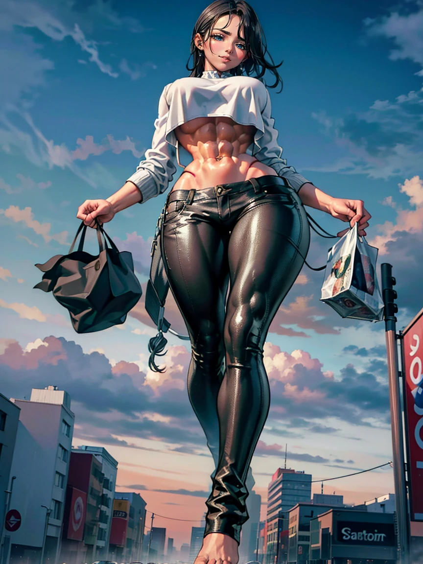 "Cool giant, Relaxed hippie style with crop top and baggy pants. A toned and athletic physique、It speaks to its incredible strength.. She appears to be taking a leisurely stroll through the bustling streets of GTS City., The buildings towering above. Smoke and clouds swirling, Enhance the grand scale and drama. The lighting is dim, Pushed down, Realistic, Create a tense and ominous atmosphere. Perspective from the bottom, Emphasizing the absolute majesty and power of the giants." naked