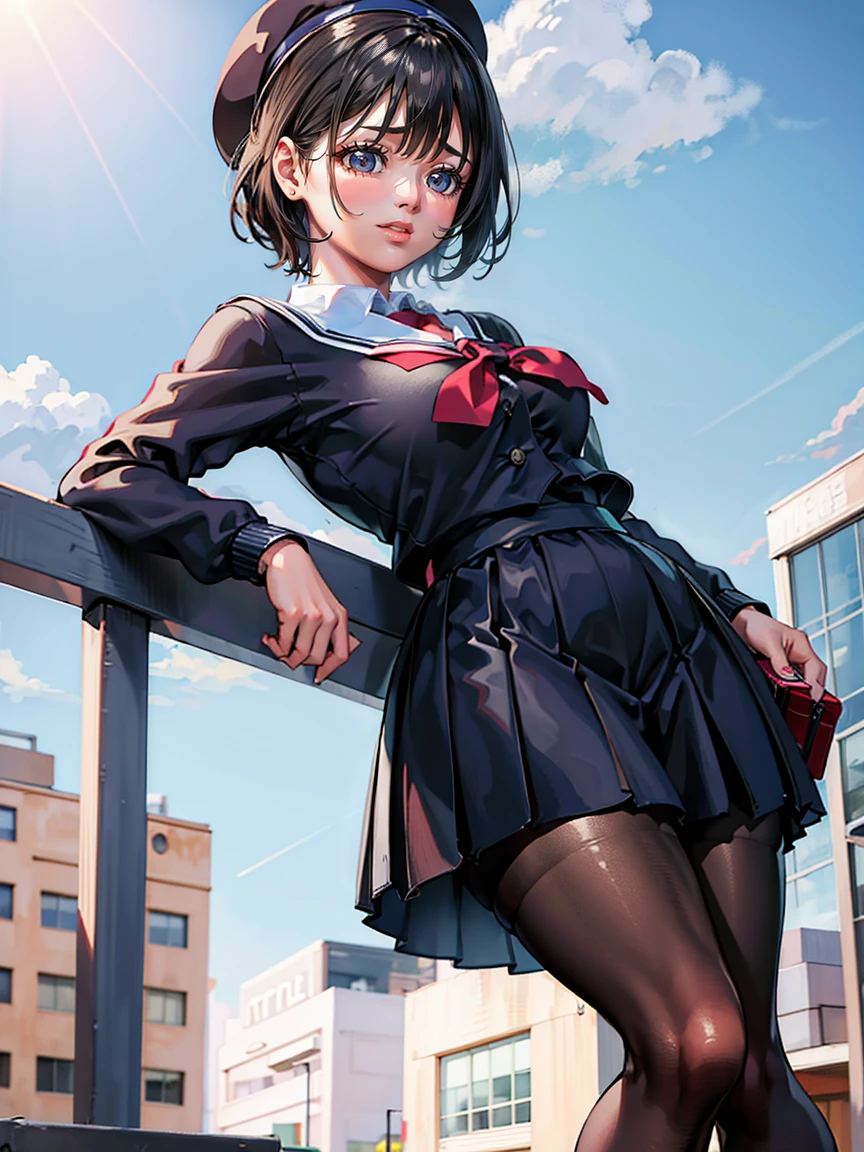 Giantアート, Surreal school girl, 非常に詳細なGiantショット, Giant, short hair, Black Pantyhose, A giant schoolgirl&#39;Much larger than a skyscraper, Wear rimless glasses, Huge boobs, Navy Blue Blazer, Red tie, Mini skirt, Black Pantyhose, I don&#39;t wear shoes., very small metropolis, Miniature metropolis, 足元までの高さしかないMiniature metropolisで、squatting and urinating, The city is a sea of urine, Urine Tsunami, Small trains and cars are flushed with urine., Full body description, GTS, Giga Giantess, Black Pantyhose, Pantyhose Legs, Pantyhose Legs, ,Stomping City,Crush City,Small Town,Micro City, Pee,