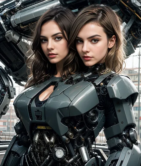 best resolution, 2heads, cyborg woman with two heads, medium cut, blonde hair, brunette hair, robot jacket, mechanical backgroun...