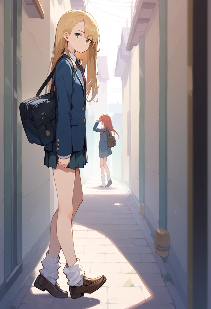 masterpiece, (score_9,score_8_up,score_7_up,score_6_up), 1 girl, blond hair, green eyes, little sassy, skinny, tsurime, asymmetrical bangs, long hair, blond hair,bare feet, thigh, Brown loafers,School uniform,Navy blue blazer,Dark red ribbon tie,Black schoolbag,White loose socks,
hollding phone(1.3),walking(1.2), looking at the phone(1.3),
(bag over her shoulder with her left hand:1.4),bored, pov,(1.6) , (side view:1.6),from side,