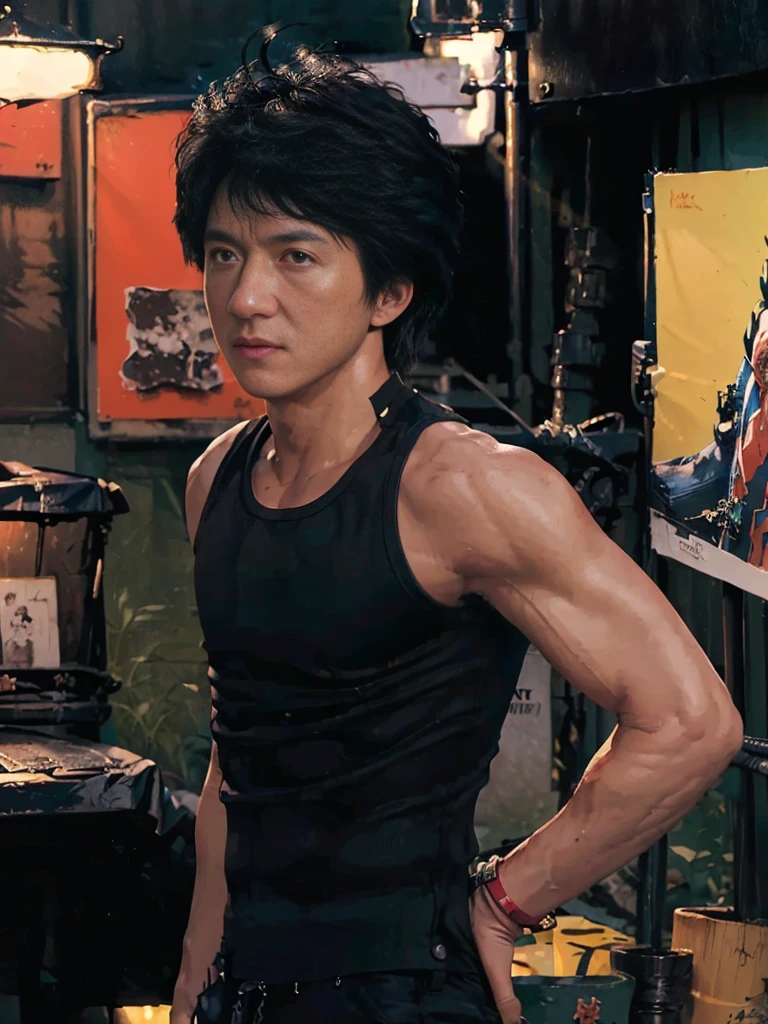 (masterpiece、top-quality、top-quality、Detailed and complex、official art、aesthetically pleasing:1.3) short black hair. Standing fighting pose (Jackie Chan look) (realistic art:1.3). Ciberpunk Neon Tokio Background.