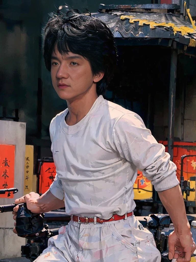 (masterpiece、top-quality、top-quality、Detailed and complex、official art、aesthetically pleasing:1.3) short black hair. Standing fighting stance (Jackie Chan look) (realistic art:1.3). Ciberpunk Neon Tokio Background.