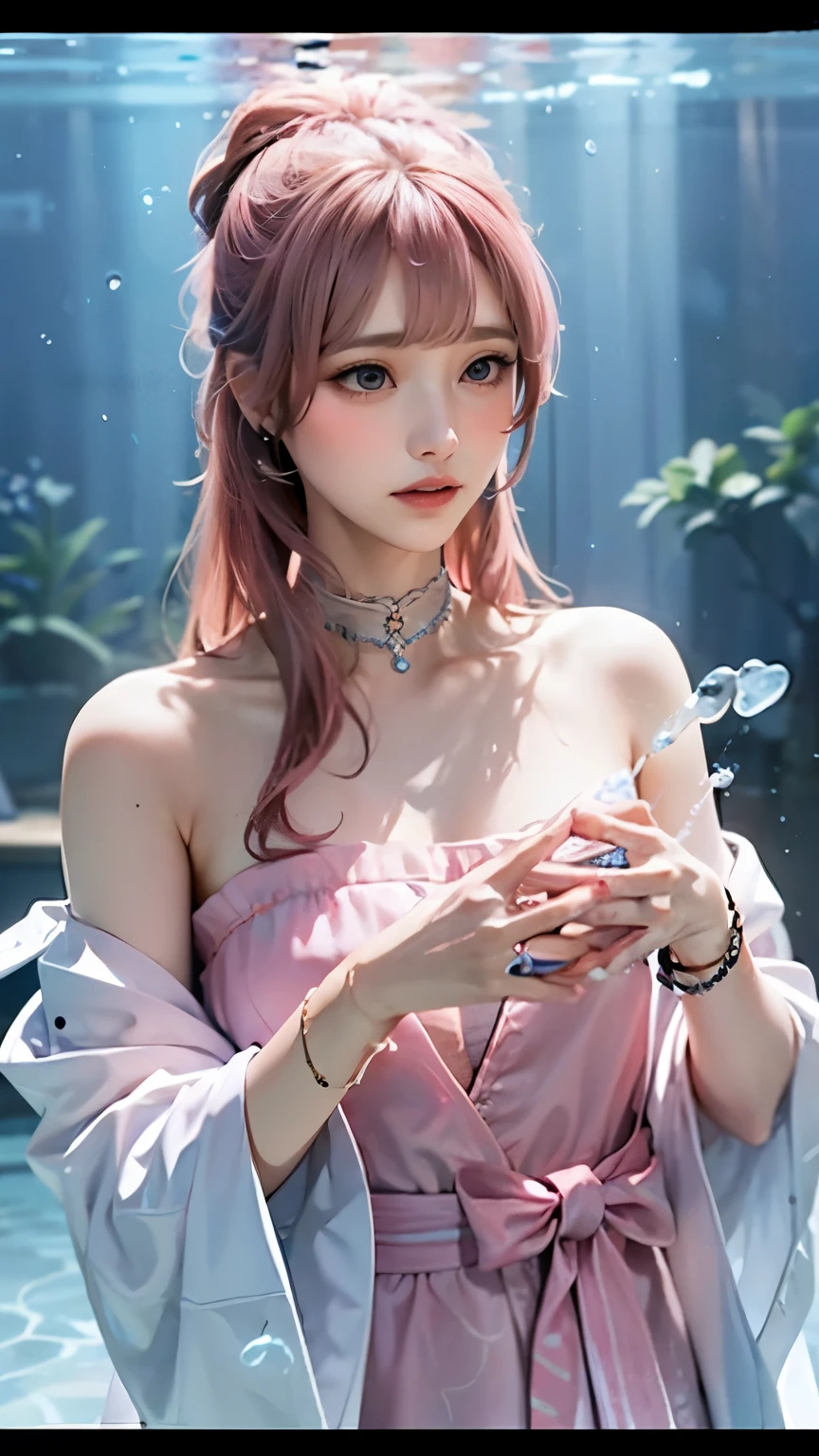 Water flow bracelet, water flow collar, torrent robe, water court lady, pink and light blue color scheme, inside the aquarium, look this way