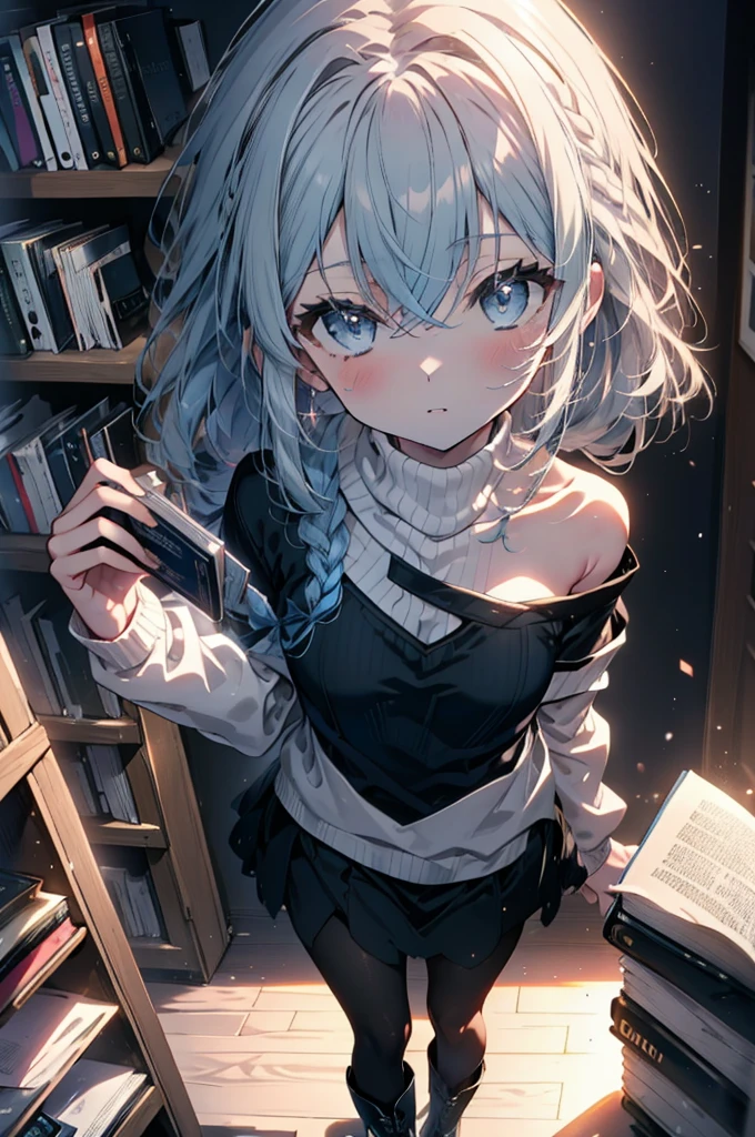 Roxymigurdia, Roxy, Ahoge, Black Ribbon, blue eyes, Blue Hair, Braiding, Hair between the eyes, Hair Ribbon, Long Hair, twin Braidings, very Long Hair, Blue one-shoulder sweater,mini skirt,black tights,short boots,Book with both arms　Holding a spell book,Grimoire,Are standing,Bookshelf,There is a spellbook on the table,whole bodyがイラストに入る,
break looking at viewer,whole body,
break indoors,figure書館,
break (masterpiece:1.2), Highest quality, High resolution, unity 8k wallpaper, (figure:0.8), (Beautiful attention to detail:1.6), Highly detailed face, Perfect lighting, Highly detailed CG, (Perfect hands, Perfect Anatomy),