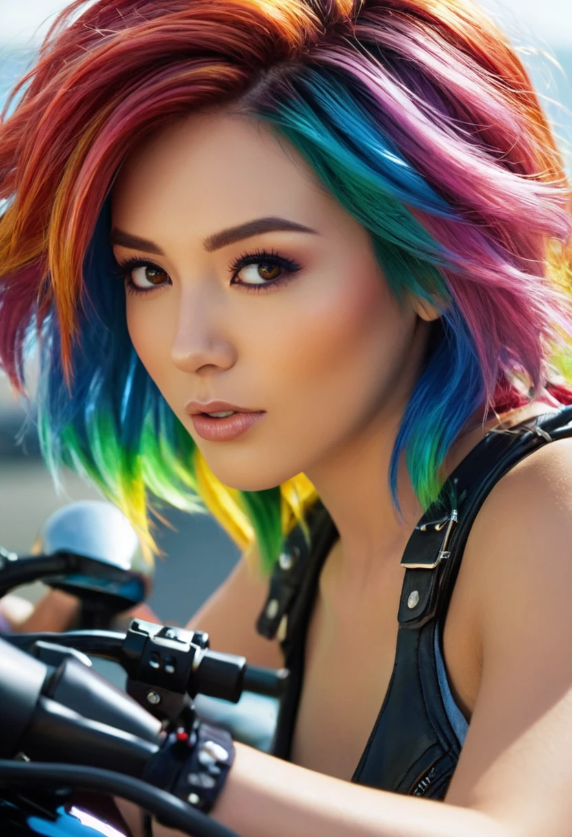 "Generate an image of a beautiful woman with multicolored hair on an anime-style motorcycle, in the highest possible quality (8K). Detail the hair colors, the woman's expression, and intricate details of the motorcycle with precision. Capture the fusion of vibrant colors and details in this visually striking representation." --auto --s2