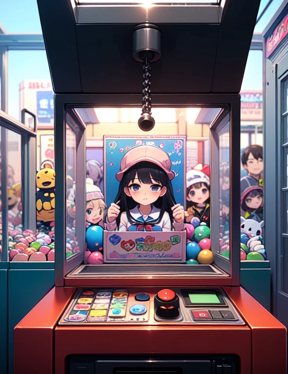 (((masterpiece))), (((Highest quality))), ((Claw Machine)), Place your hand on the bottom panel, Operate the long joystick、Press the button, Use the clamp to lift the toy, One person, Komi Shoko, shy, blush, school uniform, Claw Machine,  Rear View,