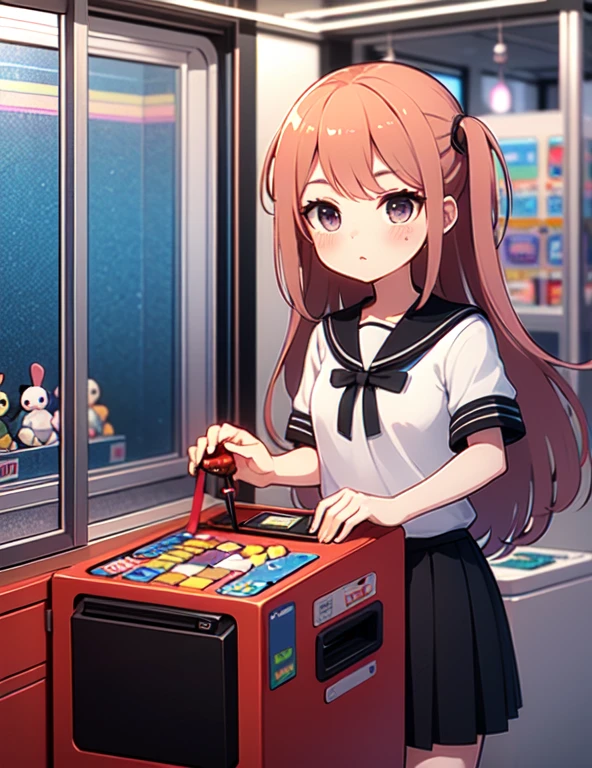 (((masterpiece))), (((Highest quality))), ((Claw Machine)), Place your hand on the bottom panel, Operate the long joystick、Press the button, Use the clamp to lift the toy, One person, Komi Shoko, shy, blush, school uniform, Claw Machine,  Rear View,