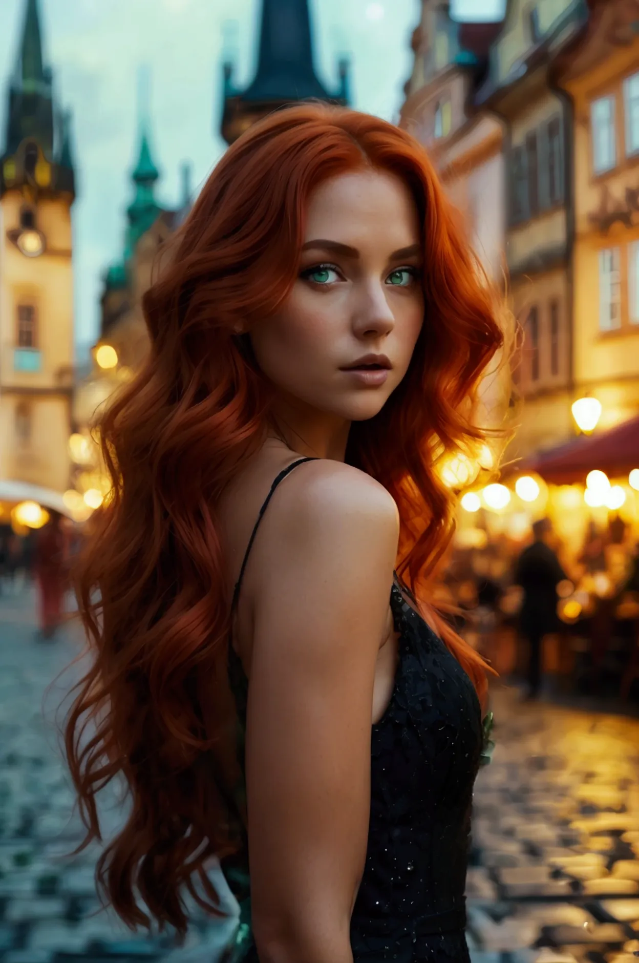 a breathtaking woman, full body photo, adorned with flaming red hair that falls over her shoulders, emerald green eyes sparkle w...