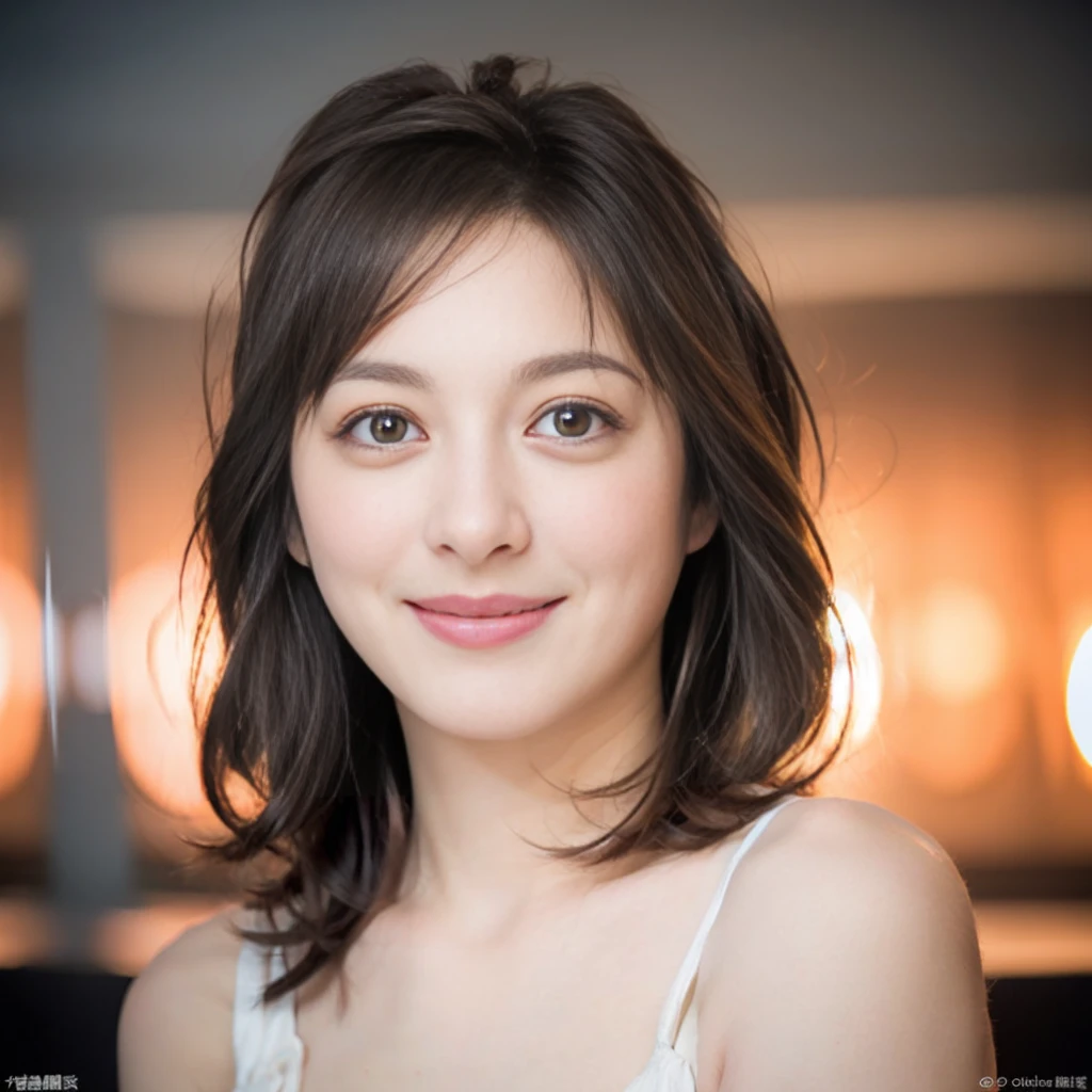 a Close-up portrait of gorgeous smiling cute Japanese woman in a nudity outfit, delicate facial features, porcelain-skinned, ponytail, a fusion of young Marion Cotillard's striking eyes and young Anne Hathaway's introspective gaze, long and slender cute face, curved eyebrows, droopy hooded eyes, low nasal bridge, wavy nose, smiling, thin lips, flowing pixie black hair in the wind, silhouette, bokeh, lobby bar lounge background,