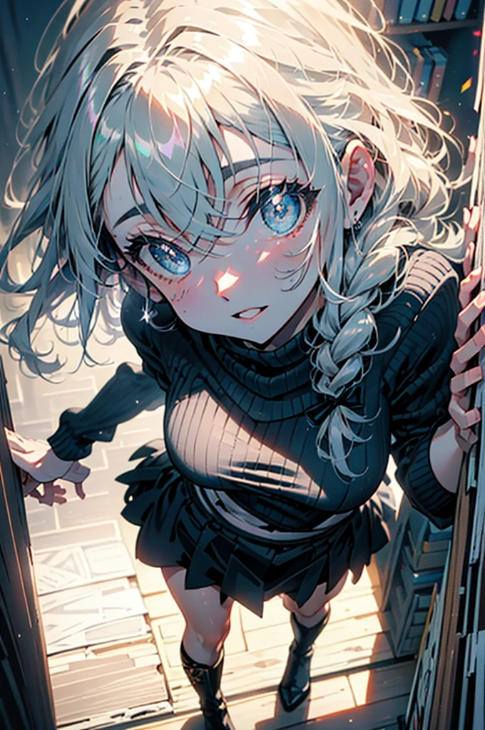 Roxymigurdia, Roxy, Ahoge, Black Ribbon, blue eyes, Blue Hair, Braiding, Hair between the eyes, Hair Ribbon, Long Hair, twin Braidings, very Long Hair, smile,blush,Open your mouth,Blue one-shoulder sweater,mini skirt,black tights,short boots,Book with both arms　Holding a spell book,Grimoire,Are standing,Bookshelf,There is a spellbook on the table,whole bodyがイラストに入る,
break looking at viewer,whole body,
break indoors,figure書館,
break (masterpiece:1.2), Highest quality, High resolution, unity 8k wallpaper, (figure:0.8), (Beautiful attention to detail:1.6), Highly detailed face, Perfect lighting, Highly detailed CG, (Perfect hands, Perfect Anatomy),