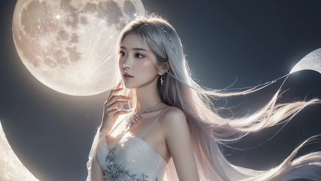 "(dreamy quality: 1.5), (soft pastel colors: 1.4), (Elegant full-length portrait), goddess of the moon, (gentle look), (flowing hair: 1.2 reflecting the moonlight), (delicate facial features), (Royal costume adorned with moonstones, intricate silver embroidery: 1.3, and sparkling crystals scattered gracefully), Walking gracefully down an ethereal path made of shimmering rays of moonlight, with a huge waning moon as a unique backdrop, (Suave and gentle aura: 1.5 Surrounded by Moonbeams), (timeless beauty), (Ethereal ambiance with subtle moon glow), Magic in the Moonlight, casting lunar spells, (Glowing Crescent Staff: 1.2 in her hand), (Harmonious silver-blue color palette with shimmering highlights), (serene expression), (Crystal clear moonlight theme: 1.1 with floating celestial patterns), (Sublime elegance)."