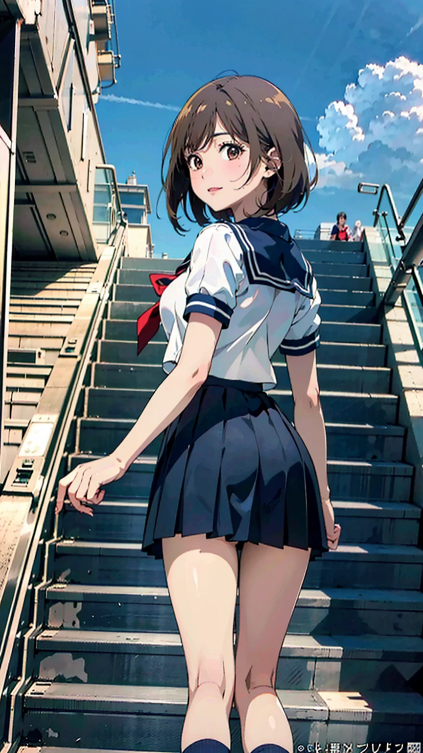 (masterpiece, best quality, official art, photo realistic:1.4), (shiny skin), (UHD, 8K wallpaper, High resolution), Perfect anatomy, Cinematic lighting, physically-based rendering, award-winning, Carl Zeiss 85 mm F/1.4, (1 girl), BREAK, very cute and slender 18-year-old Japanese school girl is going upstairs, (glossy brown hair, medium bob cut), medium breast, (wearing Japanese sailor school uniforms), (Sailor blouse:1.3), narrow waist, (pleated skirt:1.3), [pink silk panties visible through the skirt], thin legs, (navy socks, loafers:1.3), (thigh gap, thigh focus:1.3), BREAK, (at the up escalators:1.3), (looking at forward:1.3), (lower body shot, view from below, view from behind:1.5), Nogizaka idol, extremely low angle,