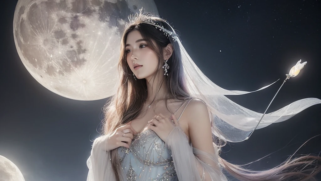 "(dreamy quality: 1.5), (soft pastel colors: 1.4), (Elegant full-length portrait), goddess of the moon, (gentle look), (flowing hair: 1.2 reflecting the moonlight), (delicate facial features), (Royal costume adorned with moonstones, intricate silver embroidery: 1.3, and sparkling crystals scattered gracefully), Walking gracefully down an ethereal path made of shimmering rays of moonlight, with a huge waning moon as a unique backdrop, (Suave and gentle aura: 1.5 Surrounded by Moonbeams), (timeless beauty), (Ethereal ambiance with subtle moon glow), Magic in the Moonlight, casting lunar spells, (Glowing Crescent Staff: 1.2 in her hand), (Harmonious silver-blue color palette with shimmering highlights), (serene expression), (Crystal clear moonlight theme: 1.1 with floating celestial patterns), (Sublime elegance)."