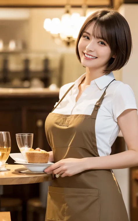 (best quality, tabletop, 8k, highest quality, award-winning work), a woman working in a cafe, (perfect brown apron: 1.1), (perfe...