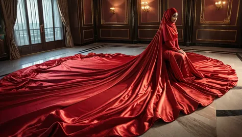 a woman shrouded in a 4-meter-long, plush red satin cloth, tightly bound and grandly draping along the form of her body, flowing...