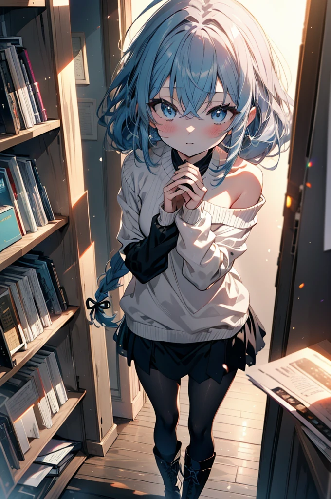 Roxymigurdia, Roxy, Ahoge, Black Ribbon, blue eyes, Blue Hair, Braiding, Hair between the eyes, Hair Ribbon, Long Hair, twin Braidings, very Long Hair, smile,blush,Open your mouth,Blue one-shoulder sweater,mini skirt,black tights,short boots,Book with both arms　Holding a spell book,Grimoire,Are standing,Bookshelf,There is a spellbook on the table,whole bodyがイラストに入る,
break looking at viewer,whole body,
break indoors,figure書館,
break (masterpiece:1.2), Highest quality, High resolution, unity 8k wallpaper, (figure:0.8), (Beautiful attention to detail:1.6), Highly detailed face, Perfect lighting, Highly detailed CG, (Perfect hands, Perfect Anatomy),