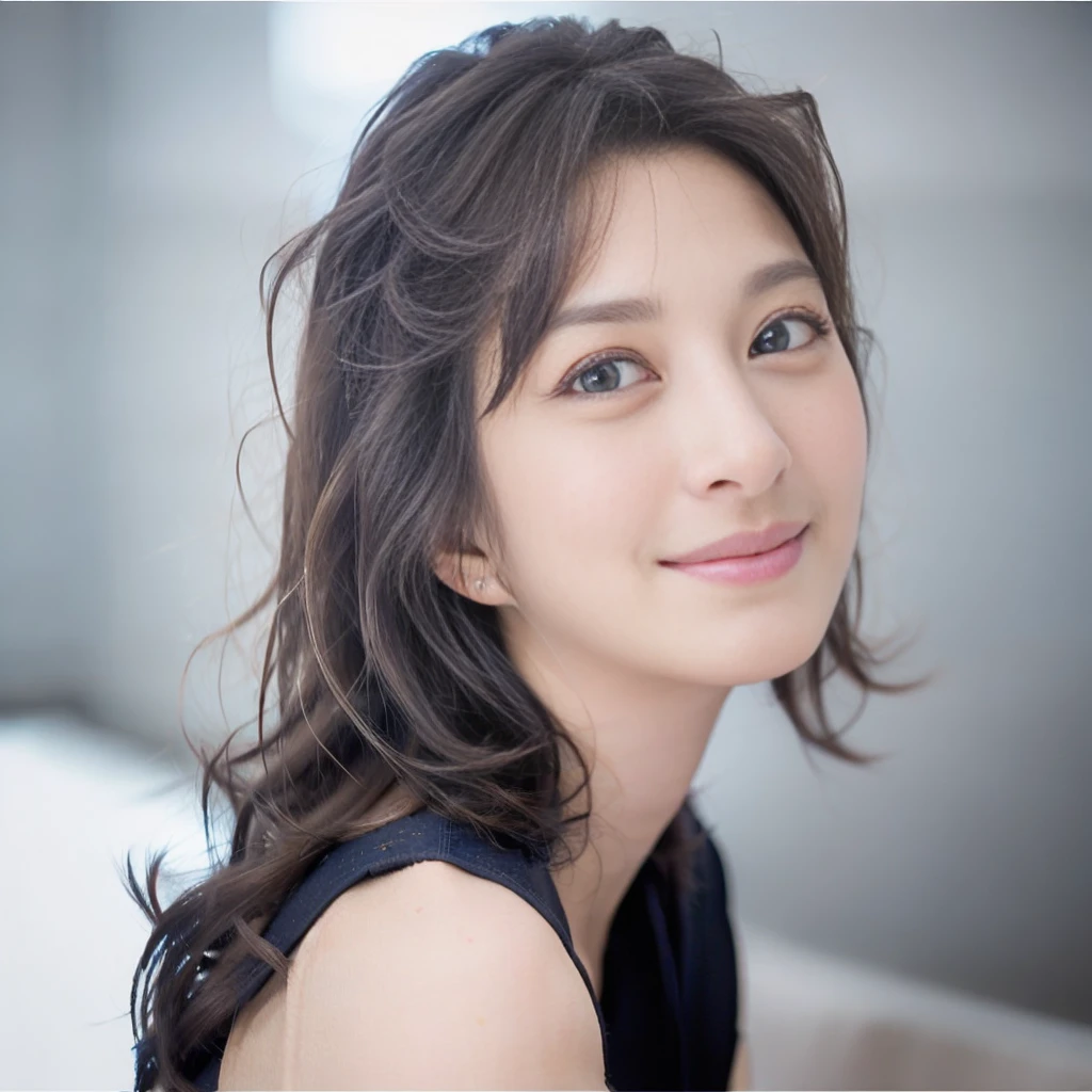 a Close-up portrait of gorgeous smiling cute Japanese woman in a glamorous blue dress outfit, delicate facial features, porcelain-skinned, ponytail, a fusion of young Marion Cotillard's striking eyes and young Anne Hathaway's introspective gaze, long and slender cute face, curved eyebrows, droopy hooded eyes, low nasal bridge, wavy nose, smiling, thin lips, short pixie cut hair, silhouette, bokeh, lobby bar lounge background,