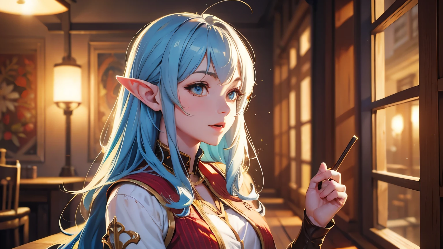 (sexy) 1 horny adult elf archer, with long hair, dressed in medieval clothing, excited state, Mouth slightly open, slight smile, Erotic fighting pose in the middle of a room with medieval interiors and decor., looking at the viewer. photorealistic, luz outfit, General detail: 1.5