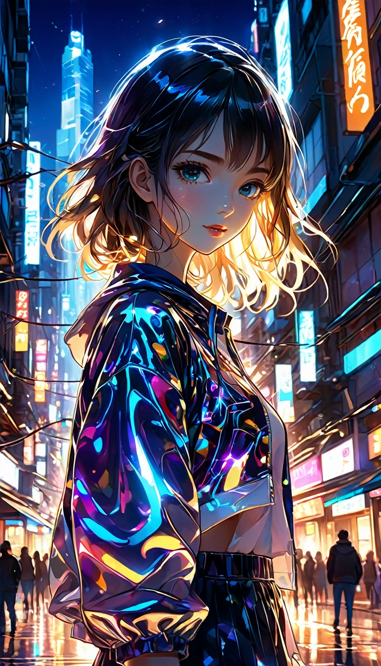 1girl, urban, abstract urban, shining light, shining urban lights, anime graphics, brilliant, intricate, detailed, masterpiece, 8k