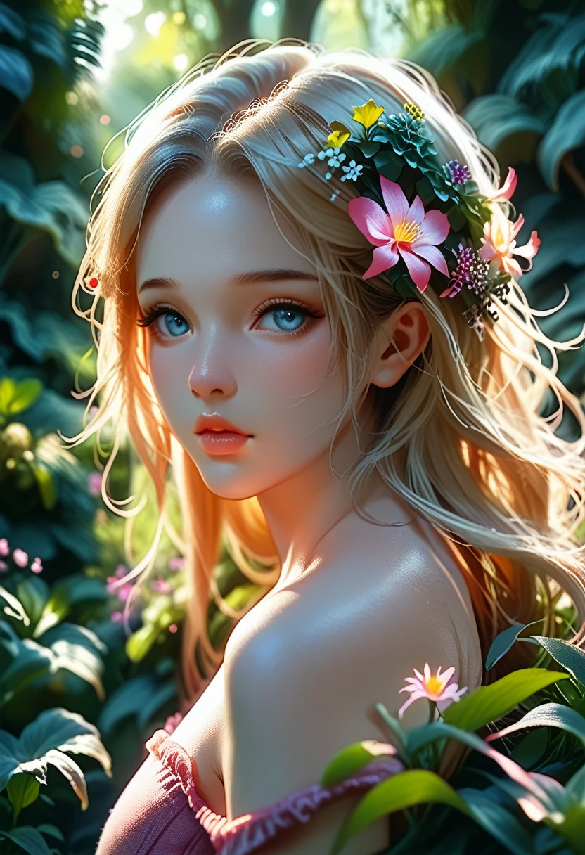 close-up portrait, sexy SSblonde hair, parted lips, lips, casual wear, I look at the viewer, forest background, sunset lights, realistic