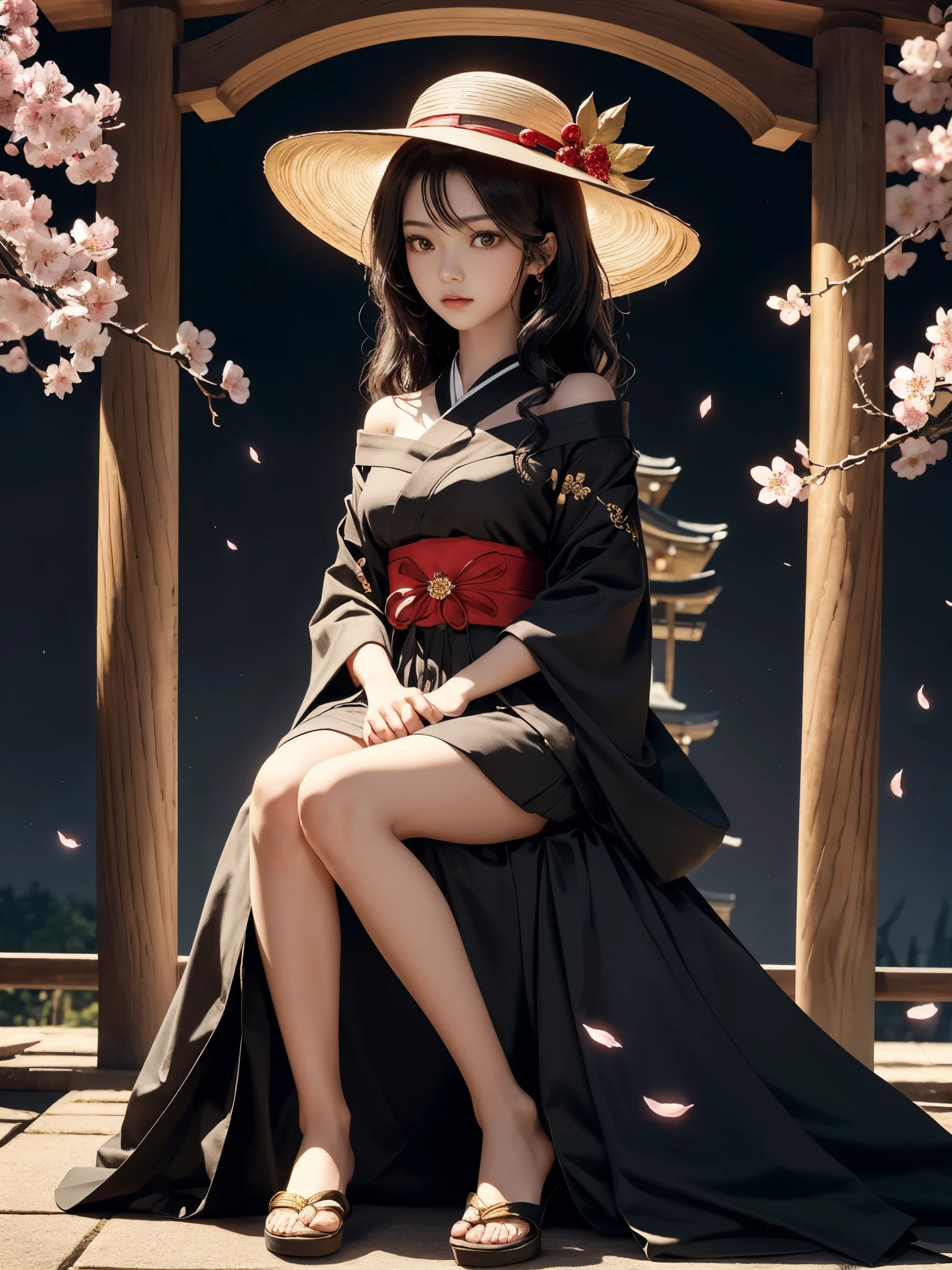 1girl, sitting on knees, full body, wearing haori on shoulder, (15yo, cute:1.2), (breasts:1.2), floating glowing ball, tall hat, detailed face, looking at viewer, dark background, cherry blossom tree, shinto shrine gate, renaissance elegant red and black, gold details, tied medium length wavy ebony hair, red pupils, gothic,