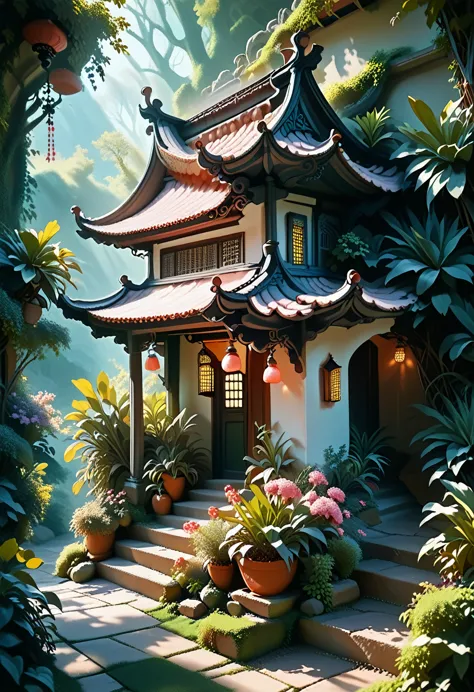 absurd, a high resolution, ultra detailed, beautiful, masterpiece, best quality,ancient temples, lush gardens, bright colors, qu...