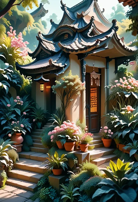 absurd, a high resolution, ultra detailed, beautiful, masterpiece, best quality,ancient temples, lush gardens, bright colors, qu...