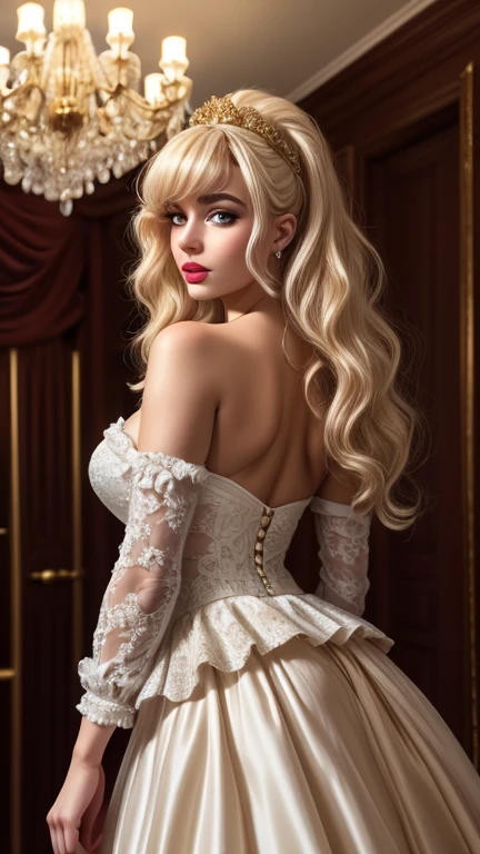 cinematic photo , gorgeous Georgian era woman, shoulders back, head held high, grand elaborate white powdered wig, towering wig with curls and waves, delicate ornaments, well-defined eyebrows, subtle rouge cheeks and kohl, delicate lace ruffle, silk skirt. lavish Georgian ballroom, crystal chandeliers, gilded furnishings. 35mm photograph, film, bokeh, professional, 4k, highly detailed