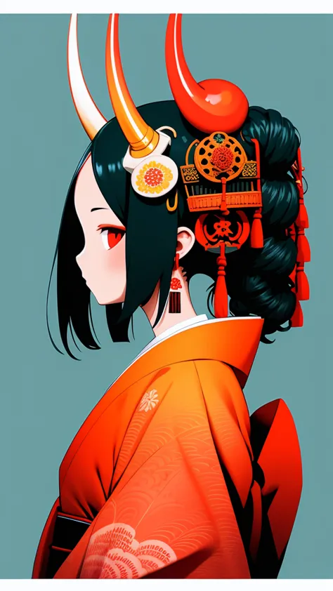 oninft, 1girl, solo, black hair, jewelry, earrings, mask, red eyes, japanese clothes, letterboxed, kimono, profile, mask on head...