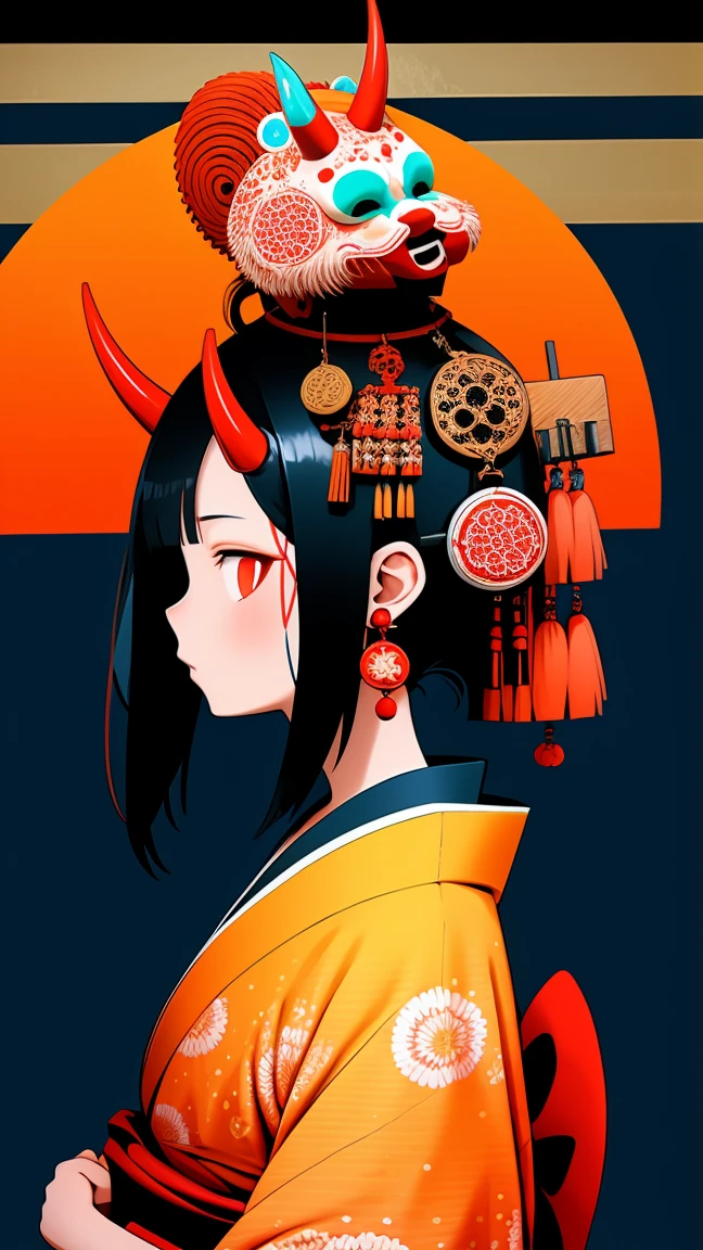 oniNFT, 1girl, solo, black hair, jewelry, earrings, mask, red eyes, japanese clothes, letterboxed, kimono, profile, mask on head, floral print, from side, horns, tassel, hair ornament  