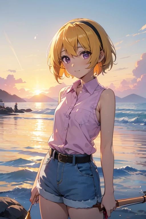 (Satoko Hojo), 1 female, alone,  Yellow Hair, blonde, Purple eyes, short hair, hair band, Flat Chest, Collared shirt,Sleeveless shirt,Pink Shirt,  White Belt, Denim shorts, ((Fishing on the shore)), A blue sea and sky, Angler relaxing in the sunset, Fish on the end of a fishing line