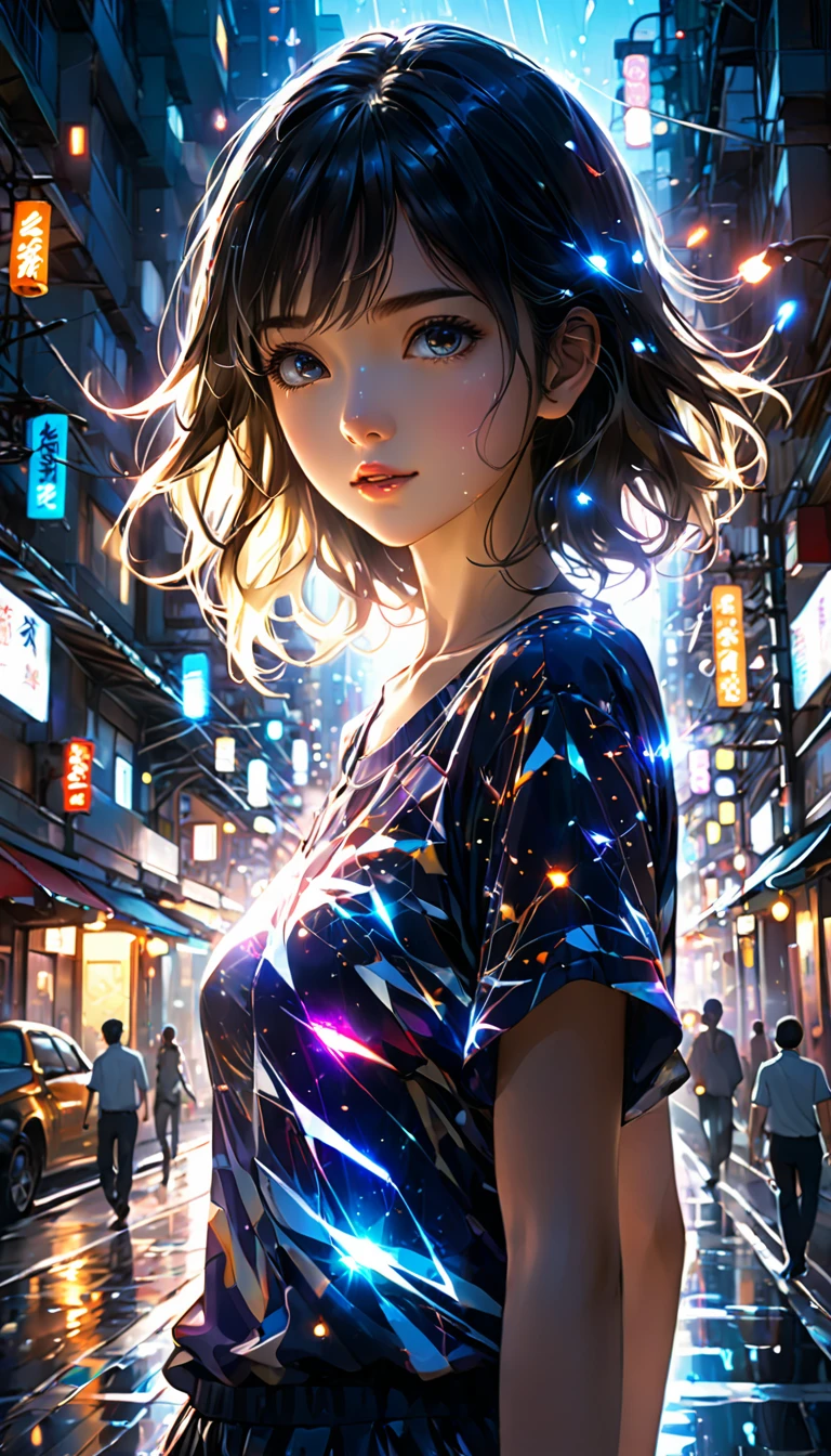 1girl, urban, abstract urban, shining light, shining urban lights, anime graphics, brilliant, intricate, detailed, masterpiece, 8k