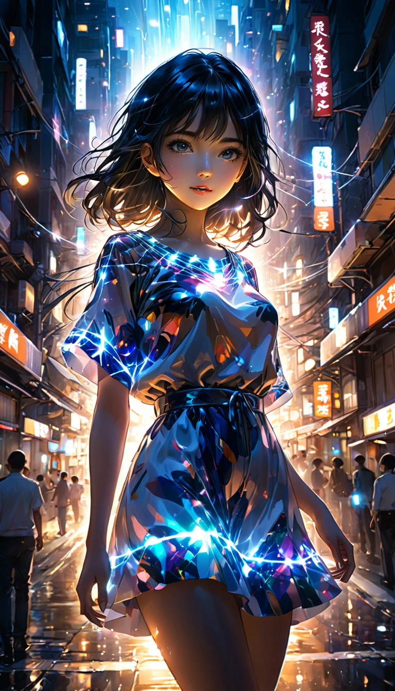 1girl, urban, abstract urban, shining light, shining urban lights, anime graphics, brilliant, intricate, detailed, masterpiece, 8k