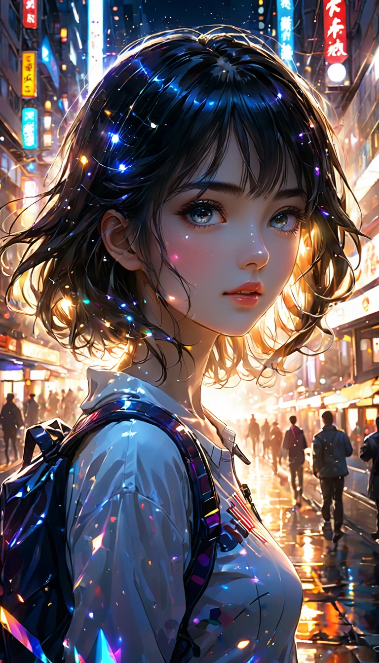 1girl, urban, abstract urban, shining light, shining urban lights, anime graphics, brilliant, intricate, detailed, masterpiece, 8k