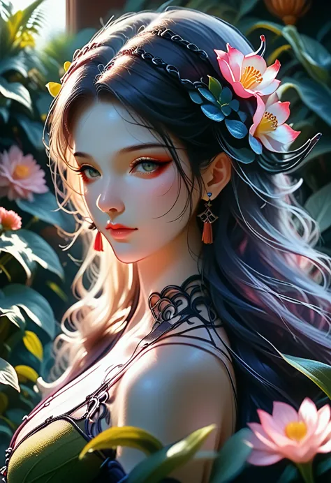 arafedka with a fan and a flower in her hair, exquisite digital illustration, a wonderful illustration for a work of art, stunni...