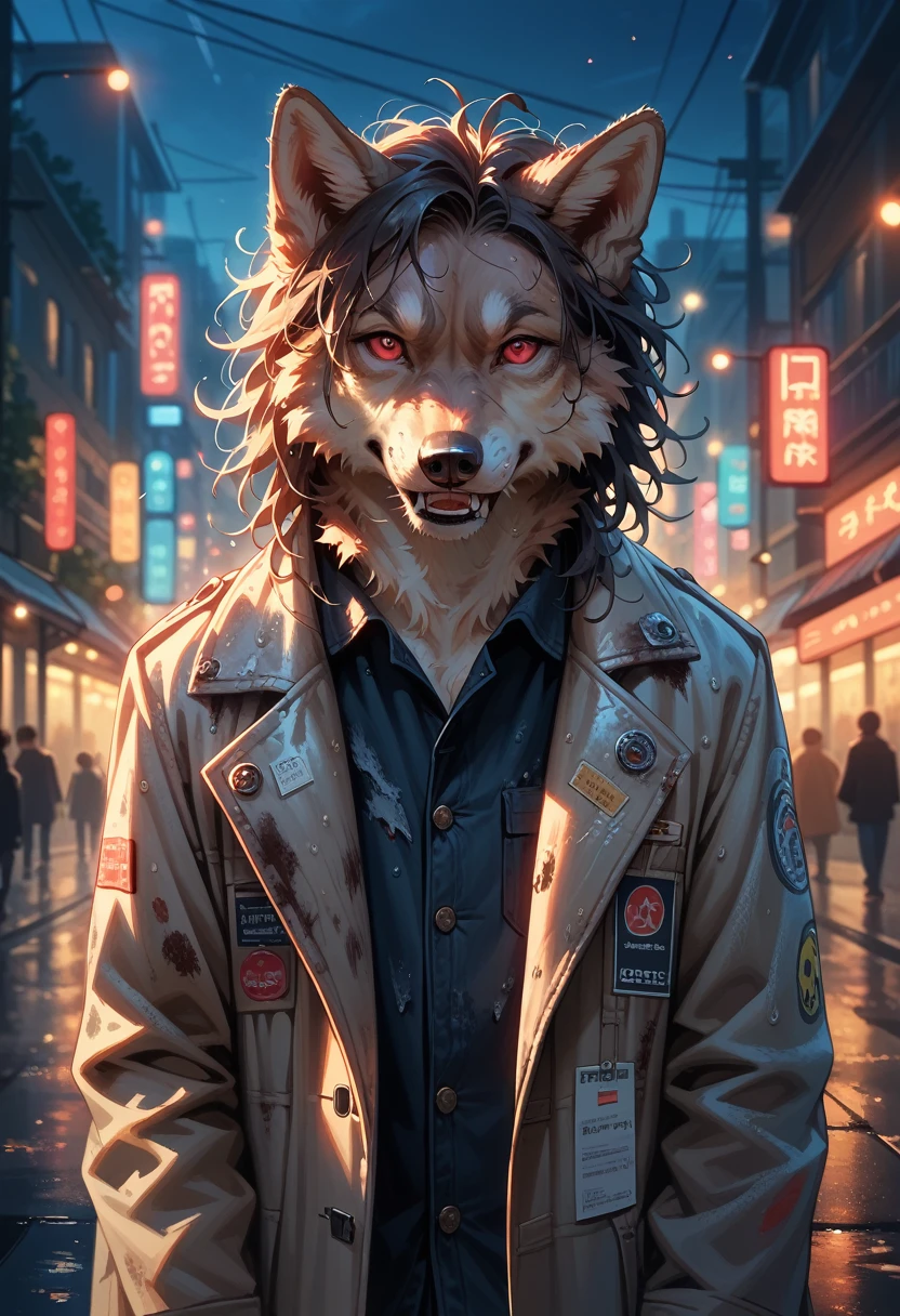 (best detail, high quality), fluffy wolf, Walk around the city, (night, bright lights, urban environment), (dynamic framing, ferocious facial expression, dirty hair), (bright red eyes, detailed coat), (colorful spots, wet streets), (focus on the wolf&#39;s head), (bright accent on the eyes).