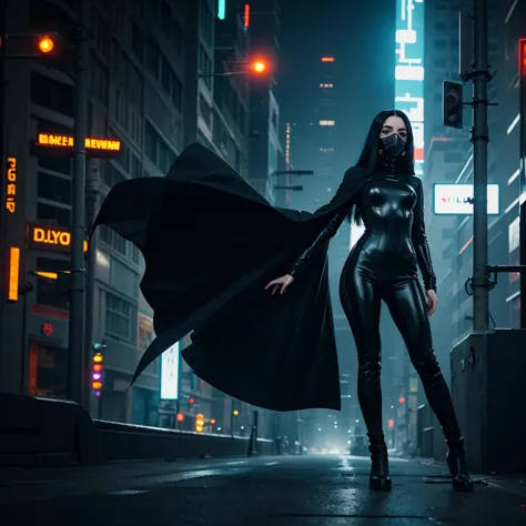 woman, long black hair, wears a very long black cape, futuristic gas mask, black latex top, tight cyberpunk leggings, black boot...