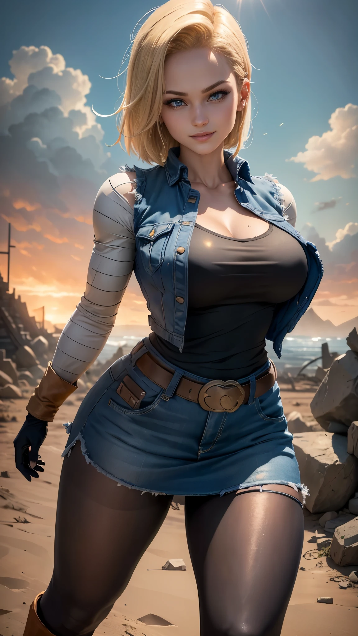 Android 18 da Dragon Ball Z,(best qualityer,4K,8k,high resolution,work of art:1.2)(weather: windy),battle ruins background, black shirt, striped sleeves, denim vest, denim skirt, pantyhose, brown boots, belt,short hair,ultra detailed,realisitic,portraite,beautiful detailed blue eyes,beautiful detailed lips,extremely detailed eye and face, long eyelashes,sexly,average,large breasts,beaming smile,powerful girl in a battle,combat pose,dirty clothes,stunning curves,bright coloured,dramatic lighting,