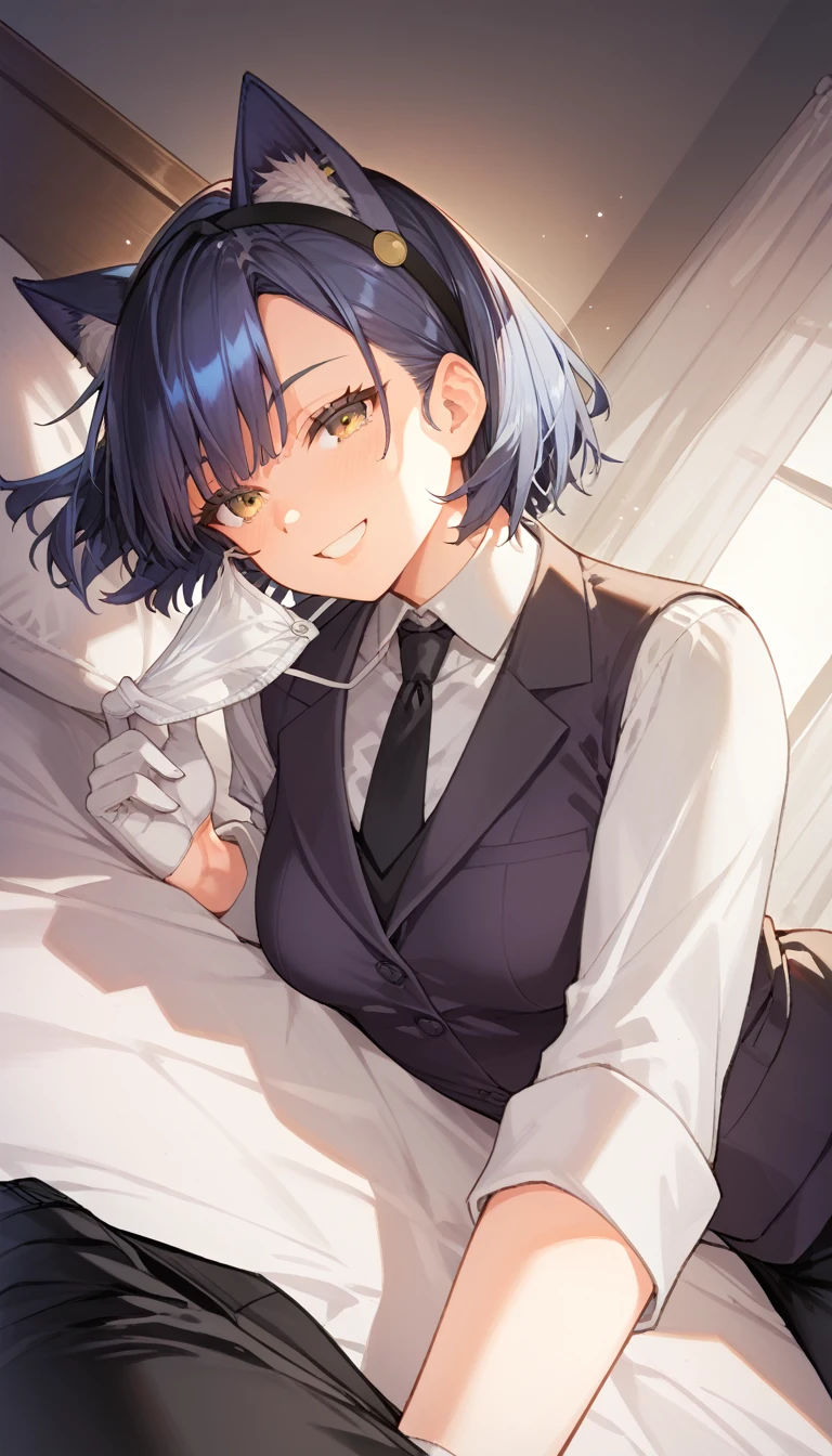 score_9, score_8_up, score_7_up, source_anime, 1girl, yellow eyes, room, wariza, medium hair, pixie bob haircut, dark blue hair, smile, portrait, blazer, starshadowmagician, solo, Adult woman, best perfect anatomy, thin, curvy body, flat breasts, curvy body, close up shot on person, a woman showing happy, (lying down, hand between her legs), mature woman laying prone on bed, wear cat ear headband, wear a white surgical mask, white shirt, black tie, format black vest, Long-sleeved shirt, white format gloves, black trousers, dynamic angle. perfect dynamic composition, foreshortening, night days, volumetric lighting, dark hotel bedroom background,