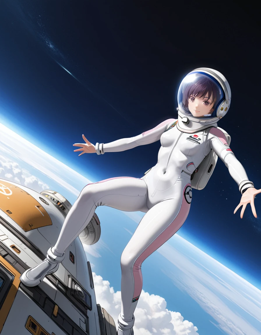 (Spacesuit:1.15), White Cargo Pants, Space Helmet , , Spacewalk, masterpiece, Highest quality, One person, One personで, short hair, , , , Bodysuits,Gloss,Backpack\, baburuherumetto, short hair, (Futuristic spaceship:1.6), , smile,Covered navel, short hair, In other words、Ace,slim,Small breasts,From below