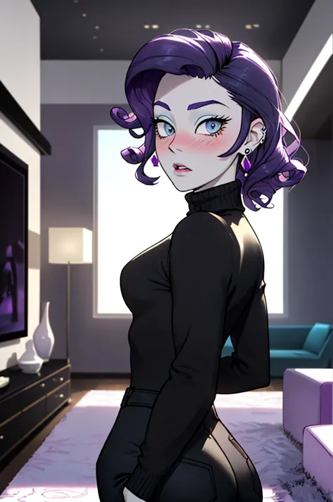 women, blue eyes, pale skin, curly purple hair, wearing turtleneck, black pants, earrings, looking to the camera, surprised expr...