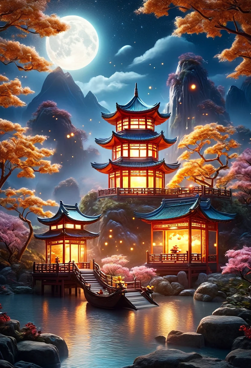 A captivating night scene in 3D art style, showcasing a tranquil Mid-Autumn Festival. The scene is filled with miniature mooncakes, tiny figures sawing and transporting mooncakes under an osmanthus tree. A half mooncake with molten filling sits on the desktop, with osmanthus petals scattered around. The moon hangs in the sky, illuminating colorful mountains, winding rivers, small boats, and little houses in a Chinese landscape painting style. A small pavilion sits on a mountain, with natural light from the silver moon gently illuminating the surroundings. The sky unfolds like velvet soaked in ink, dotted with countless twinkling stars resembling celestial gems. The environment is bathed in the soft glow of the stars and the moon, creating a dreamy, surreal atmosphere. The art is rendered with vibrant colors, high contrast, and a dopamine color scheme, evoking a Y2K style with a three-dimensional ancient Eastern poetic painting theme.