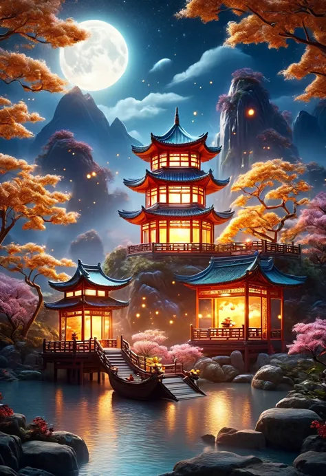 a captivating night scene in 3d art style, showcasing a tranquil mid-autumn festival. the scene is filled with miniature mooncak...