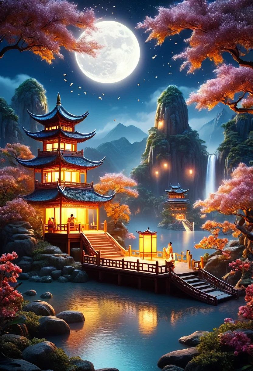 A captivating night scene in 3D art style, showcasing a tranquil Mid-Autumn Festival. The scene is filled with miniature mooncakes, tiny figures sawing and transporting mooncakes under an osmanthus tree. A half mooncake with molten filling sits on the desktop, with osmanthus petals scattered around. The moon hangs in the sky, illuminating colorful mountains, winding rivers, small boats, and little houses in a Chinese landscape painting style. A small pavilion sits on a mountain, with natural light from the silver moon gently illuminating the surroundings. The sky unfolds like velvet soaked in ink, dotted with countless twinkling stars resembling celestial gems. The environment is bathed in the soft glow of the stars and the moon, creating a dreamy, surreal atmosphere. The art is rendered with vibrant colors, high contrast, and a dopamine color scheme, evoking a Y2K style with a three-dimensional ancient Eastern poetic painting theme.