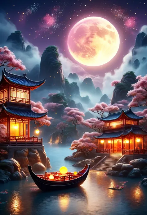 a captivating night scene in 3d art style, showcasing a tranquil mid-autumn festival. the scene is filled with miniature mooncak...